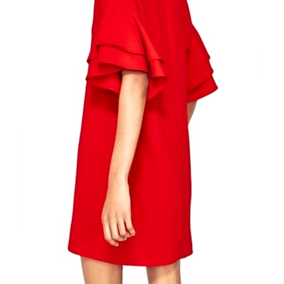 ❤️ Zara Red Mini V Neck Shift Dress Medium Short Ruffle Sleeves - Picture 6 of 7